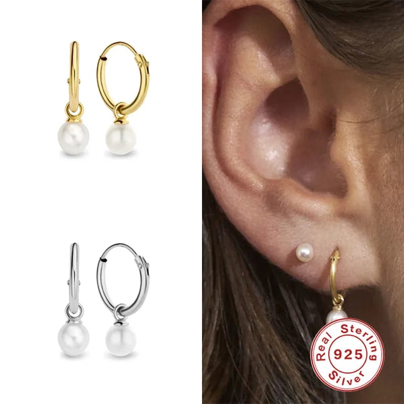 Earrings Earrings - Sterling Silver Pearl Accent Hoop Earrings - Silver or Gold