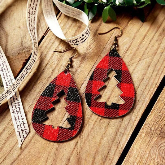 Earrings Earrings - Teardrop Plaid Leather Christmas Tree Earrings NI-NHQIY421672