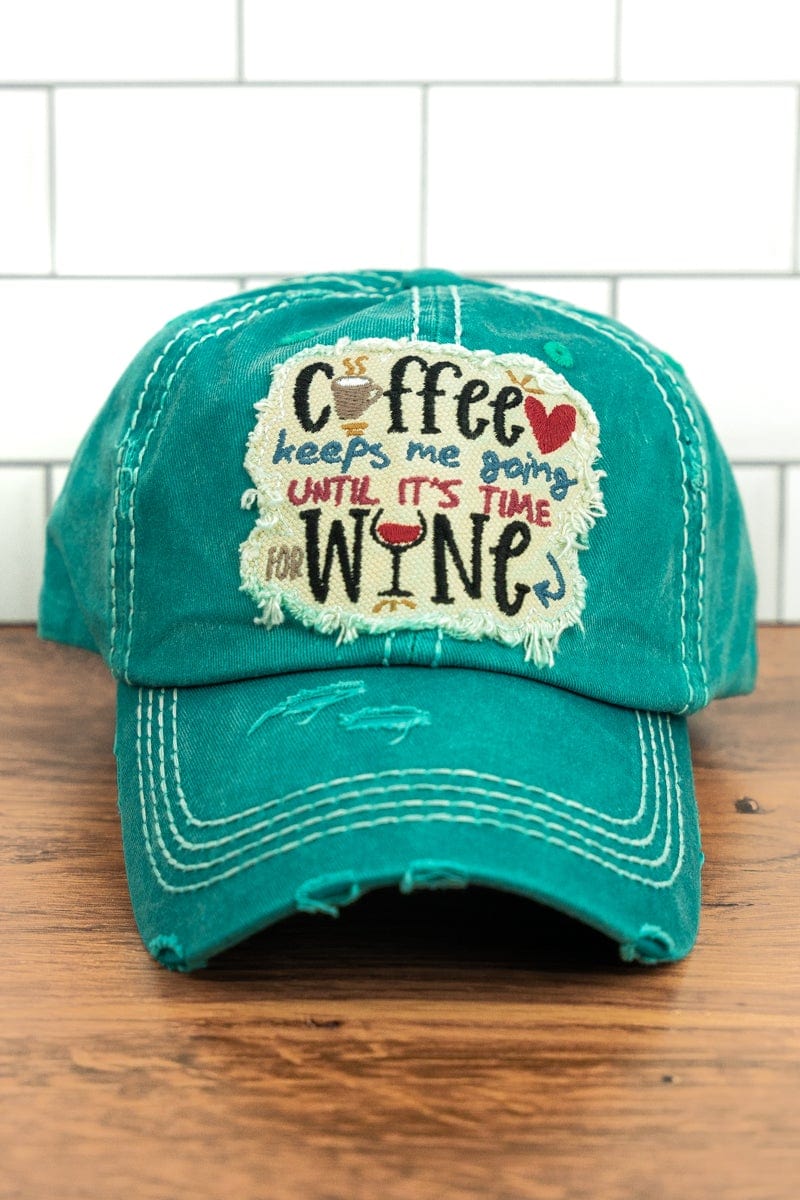 Hats Distressed Turquoise 'Coffee Keeps Me Going Until It's Time For Wine' Cap WAM-KBV-1410-TRQ