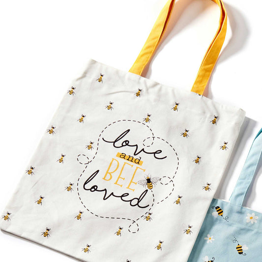 Shopping Totes Tote Bag - Love and Bee Loved / Bee Happy - Bee Canvas Tote Bag