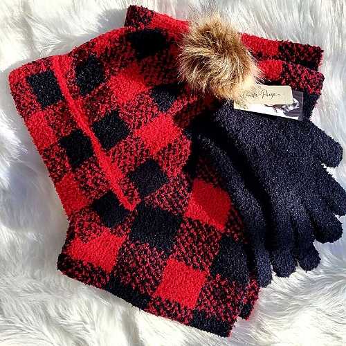Winter Accessories Red/Black Check Scarf & Hat Set - Buffalo Check Winter Accessory Gift Set - 2 Asst. - Black/Cream - Red/Black GC-408248-RB