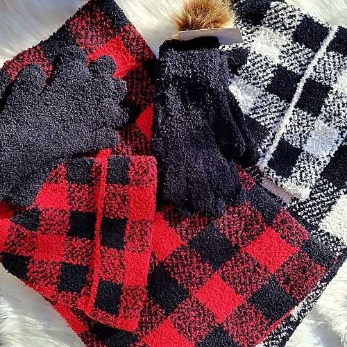 Winter Accessories Scarf & Hat Set - Buffalo Check Winter Accessory Gift Set - 2 Asst. - Black/Cream - Red/Black